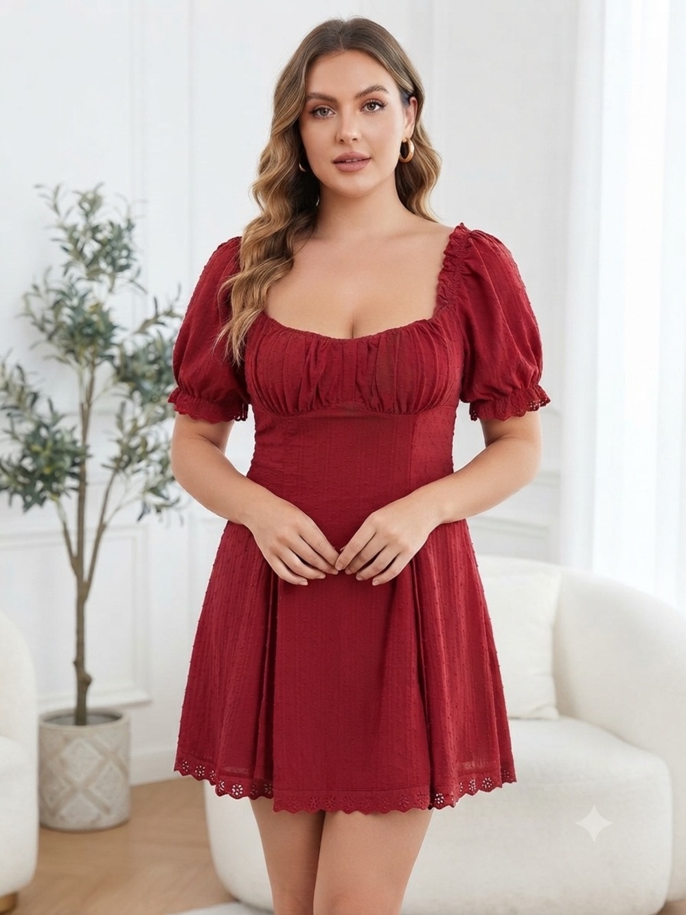 Square Neck Puff-Sleeve Mini Dress in Wine Red